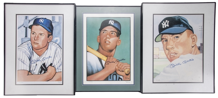 Lot of (3) Mickey Mantle Signed Limited Edition Gerry Dvorak Baseball Card Artwork In Framed Displays (Beckett)